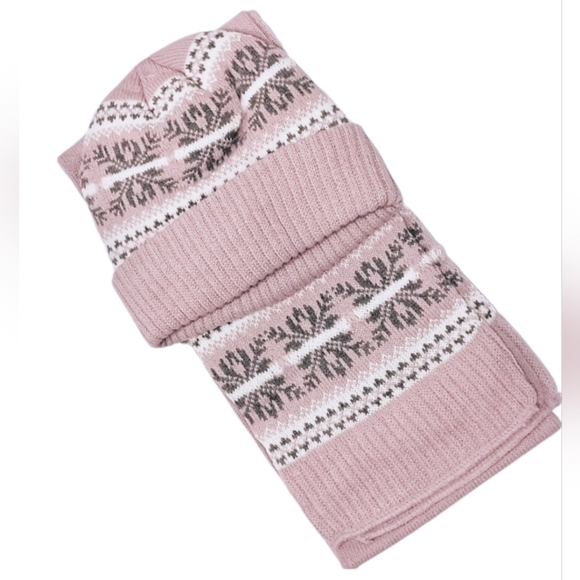 GOLD COAST Ladies Pink & Gray Snowflake Winter Scarf & Hat - Picture 1 of 1